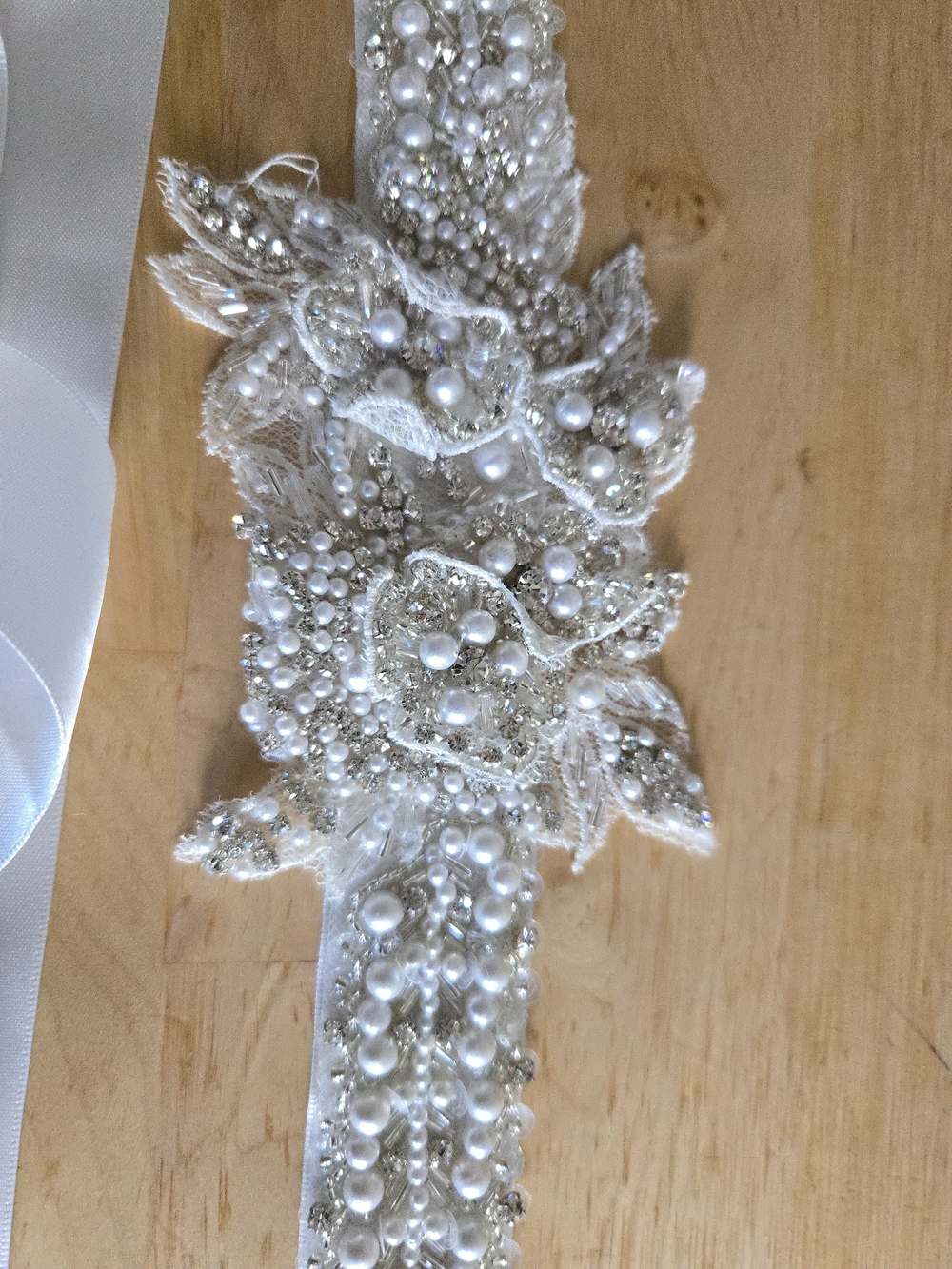 Mori Lee Pearl & Crystal Bridal Sash Belt in White Satin